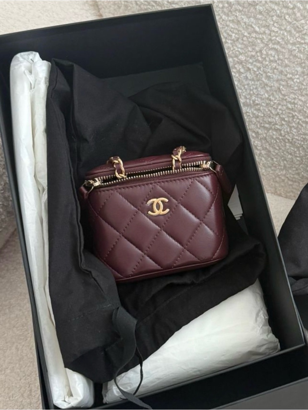 Chanel Mini Square Vanity Case Burgundy Pearl Crush Lambskin Brand New full set
